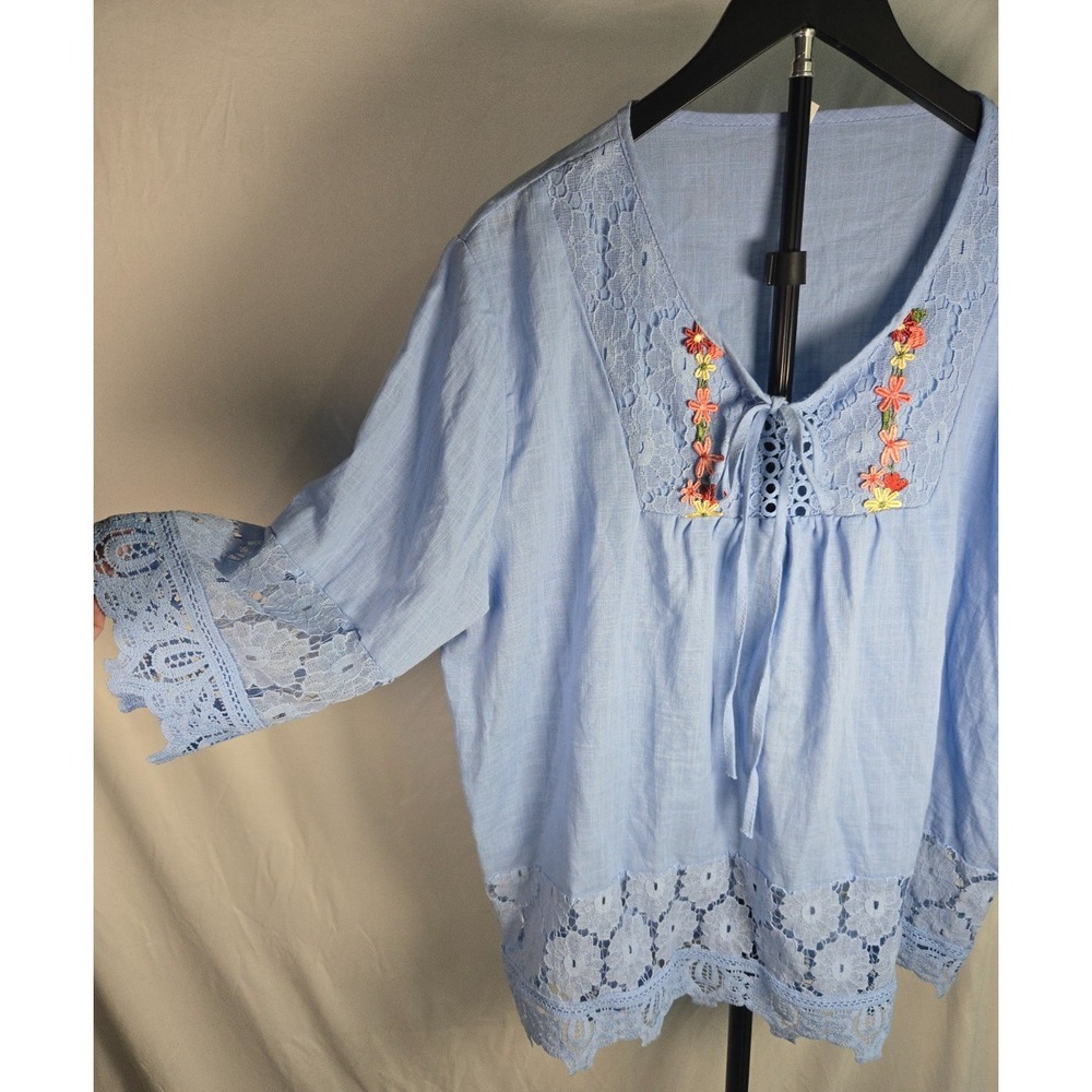 Light Blue Embroidered Eyelet Lace Peasant Top Sz 3XL Boho Cottagecore Prairie - Picture 3 of 16